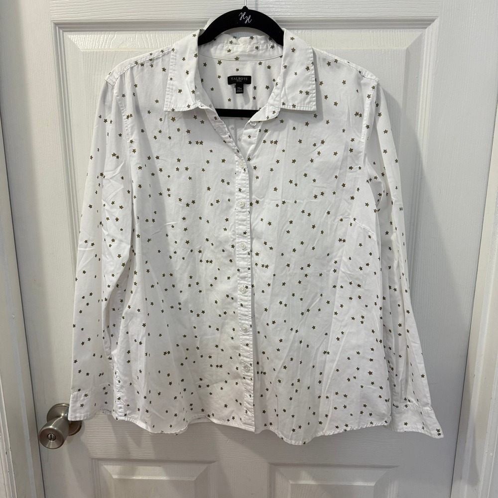 Talbots Womens XL Petite White Gold Star Novelty Print Button Down Shirt Cotton